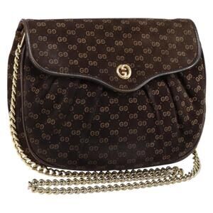 GUCCI Micro GG Canvas Chain Shoulder Bag Suede Brown Gold Auth BA6560